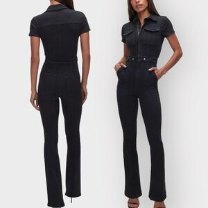 GOOD AMERICAN Fit For Success Black Denim Jumpsuit (Sz 0)